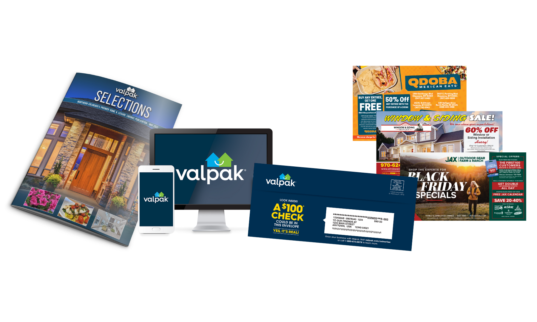 Collage of promotional flyers and catalogs, including a home exterior catalog, a restaurant coupon, window and siding sales, and a Valpak envelope with a dollar check and mobile app.