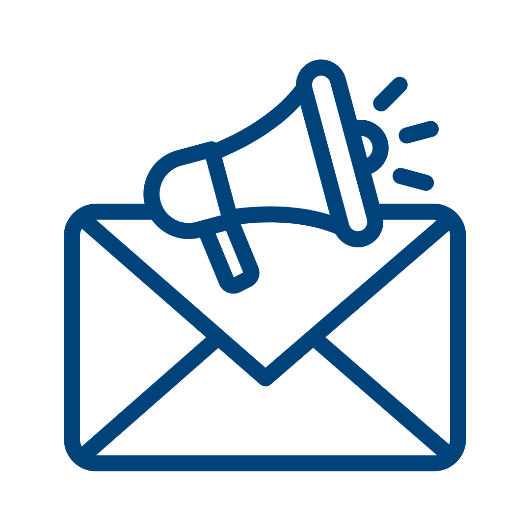 Outline of an open envelope with a megaphone