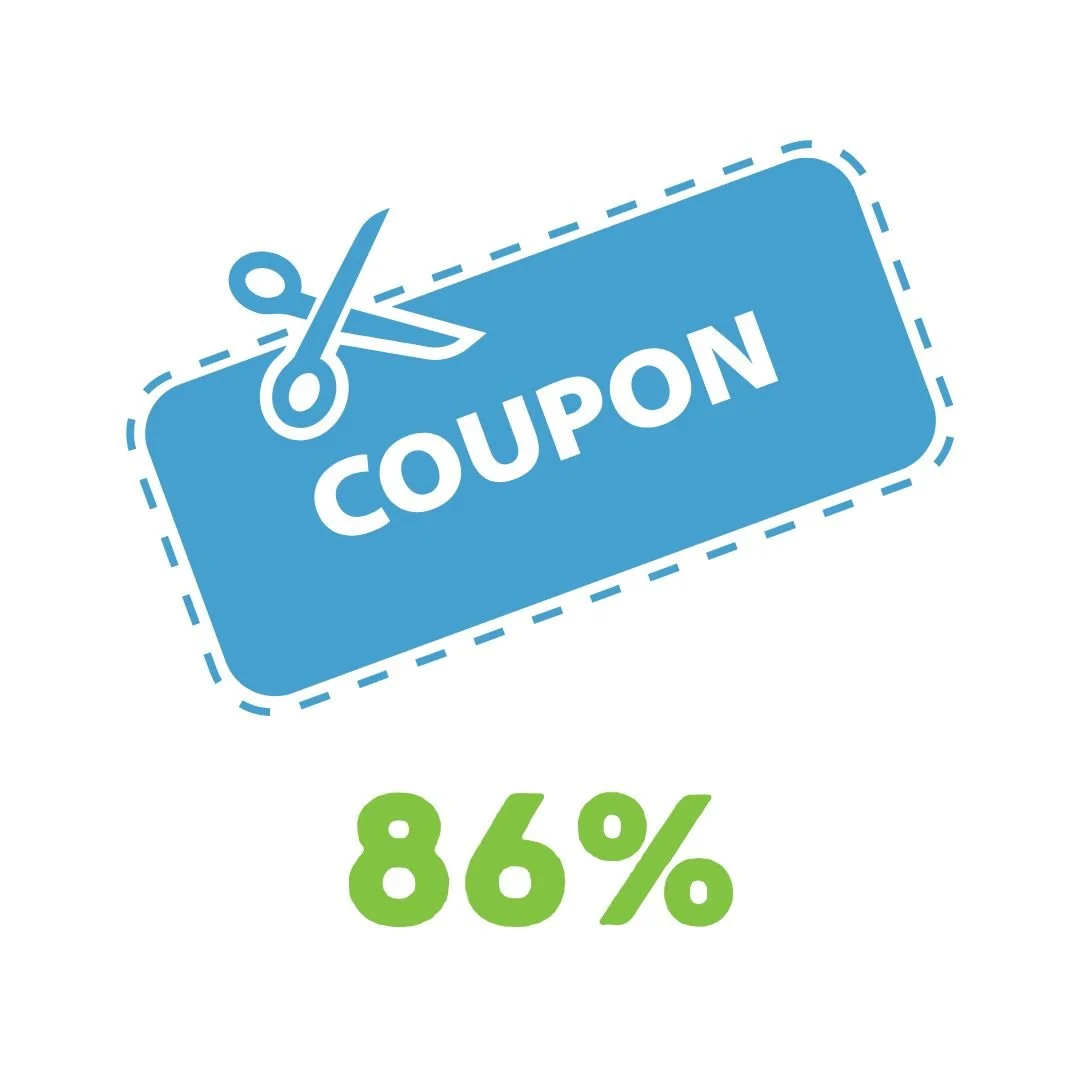A digital coupon graphic with a blue coupon tag and scissors icon, and an 86% discount rate displayed in green.