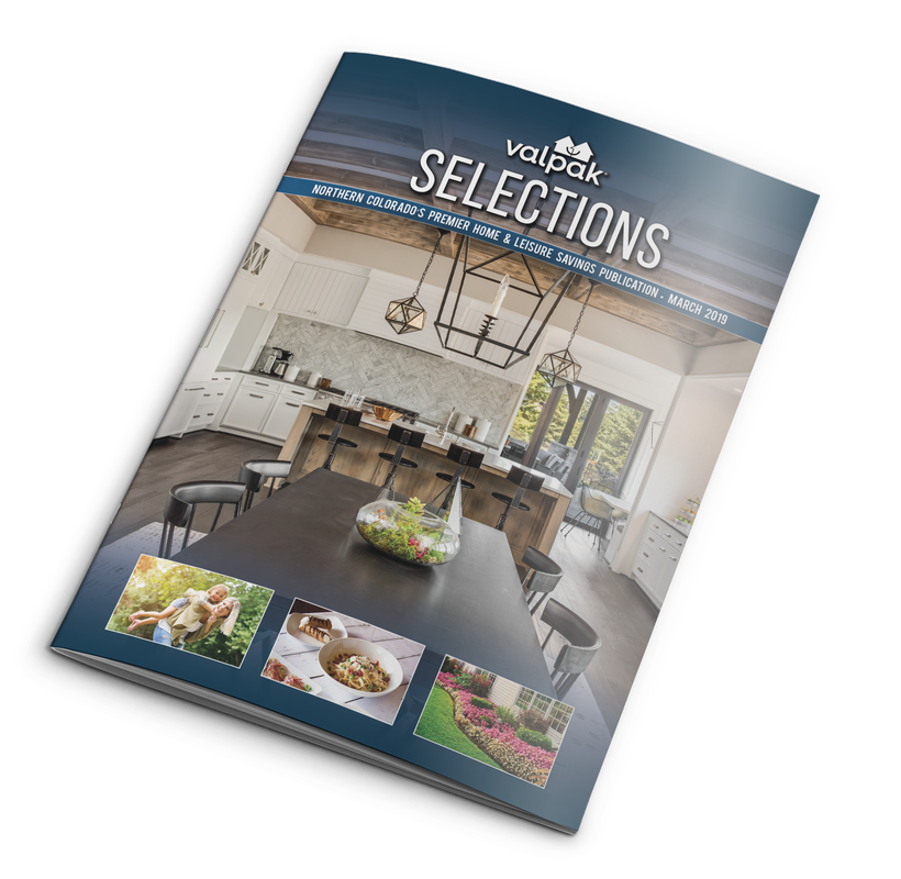 Cover of Valpak Selections publication featuring a modern kitchen with a dining table, kitchen island, and large windows, along with three smaller images of people outdoors, a plate of food, and a garden.