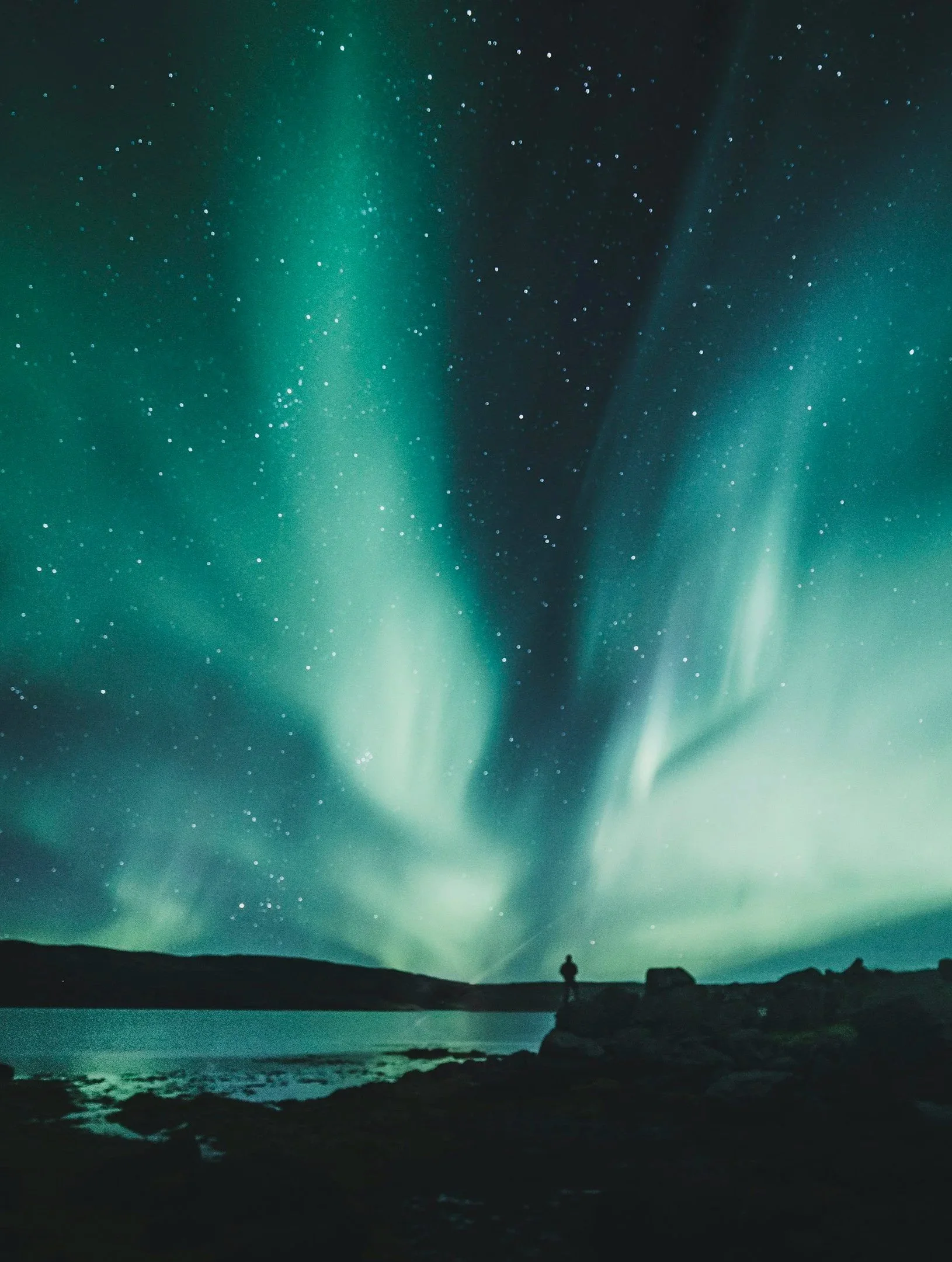 Person standing on rocky shoreline during a night sky filled with green northern lights and stars, with a silhouette of a vehicle in the distance.