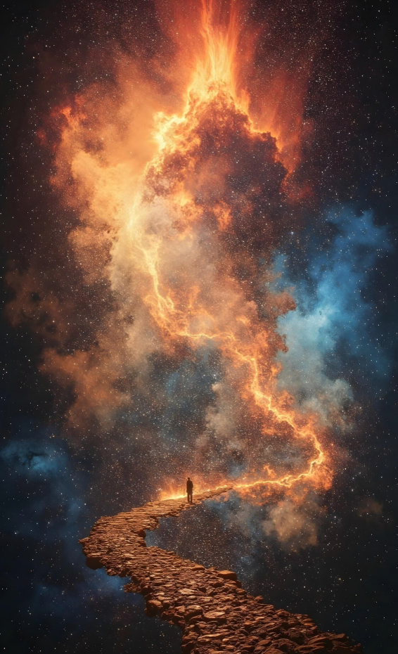 A person standing on a rocky, winding path in space with vibrant orange and blue nebula clouds and starry sky in the background, depicting a surreal cosmic scene.