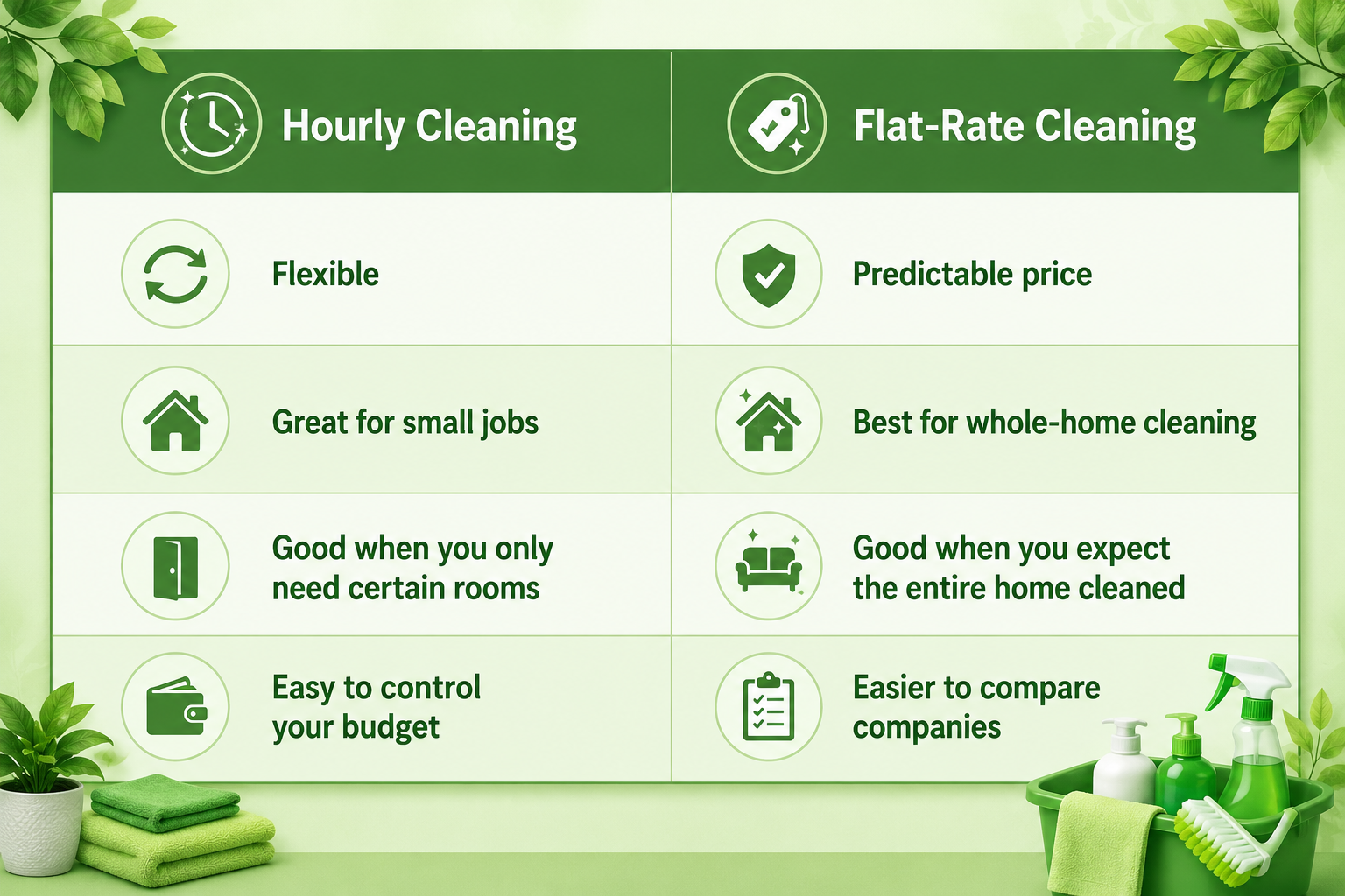 Cleaning Service Comparison For Hourly and Flat Rate Table