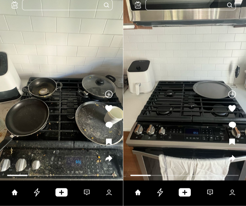 Comparison of two kitchen stoves, one dirty with used cookware and mess, and one clean with cooking pan and plate, with white tile backsplash.