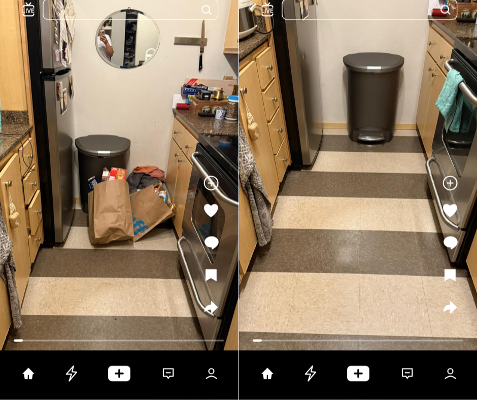 Before and after images of a small kitchen corner displaying the removal of trash and clutter, with a trash can replaced by a clean space with a tiled floor.