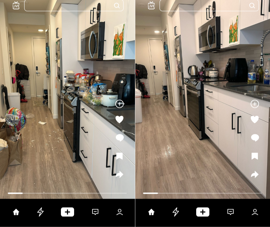 Side-by-side photos of a kitchen before and after cleaning, showing an uncluttered space with white cabinets, stainless steel appliances, and a wood floor.