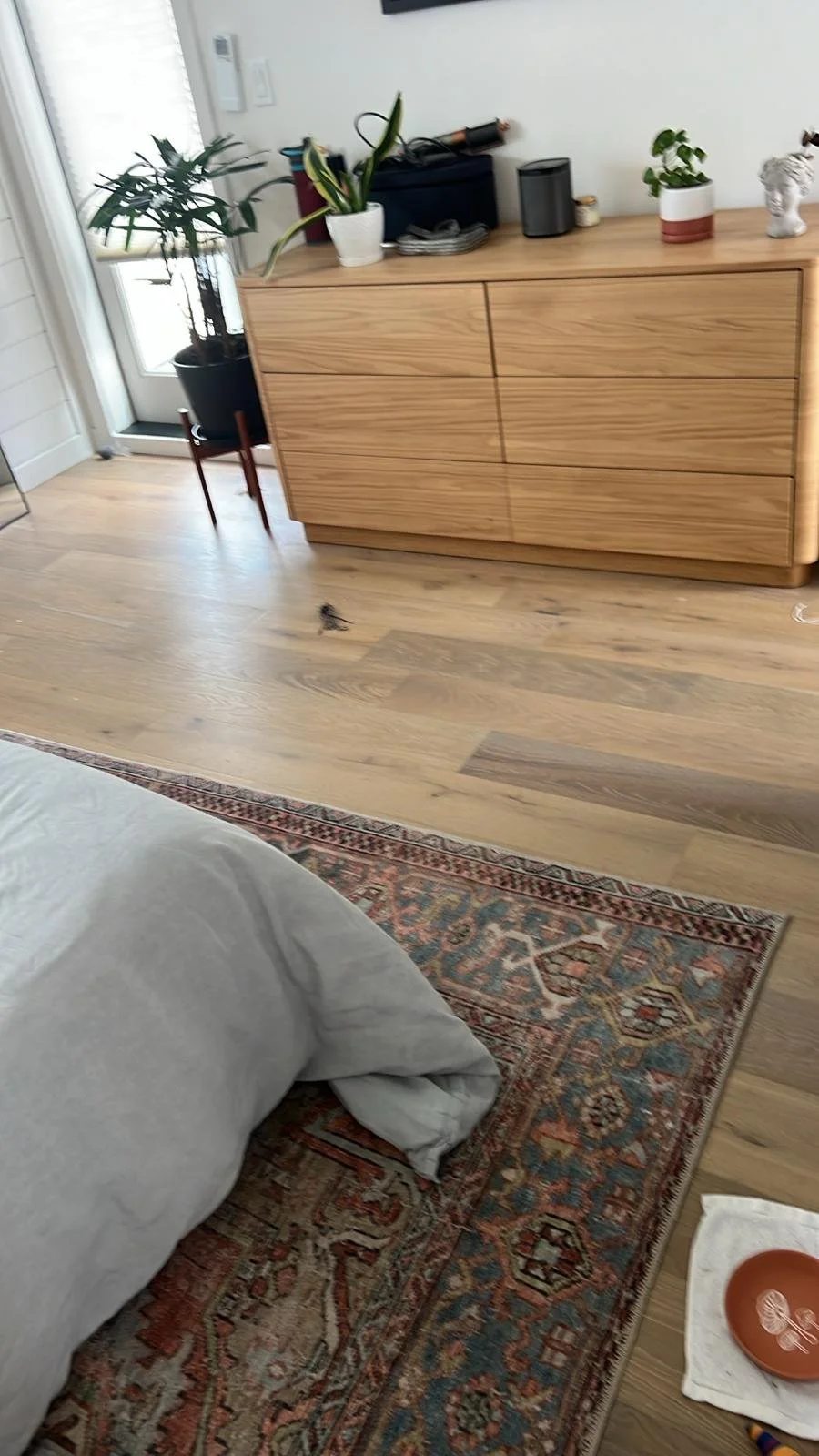 A wooden dresser with plants, decor, and household items on top, near a doorway with a glass door, and a patterned rug on hardwood floor.