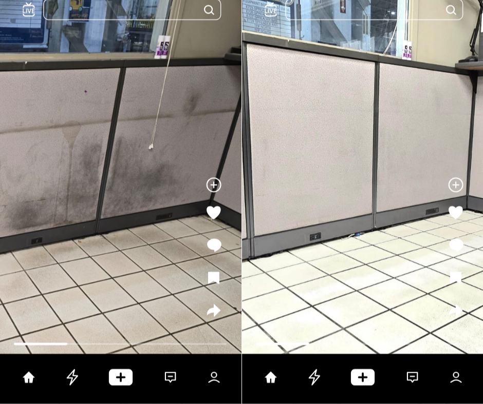 Side-by-side comparison of a tiled floor and vendor counter, one before cleaning with visible dirt and stains, and the other after cleaning showing a spotless surface.
