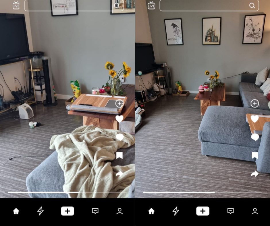 A living room with a gray sofa, a wooden coffee table, and wall art. The left side shows clutter, including a blanket, toys, and a TV with electronics. The right side has a tidier space with decorative sunflower vases on the coffee table and framed a