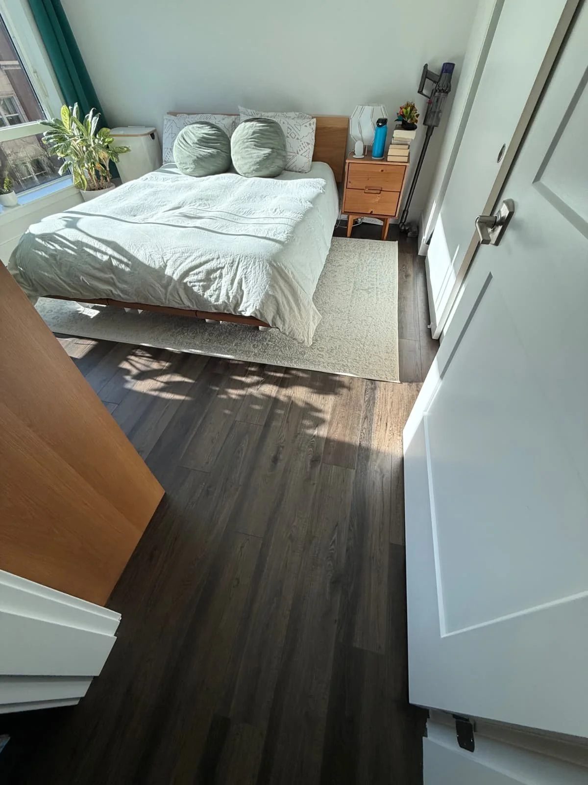 A bedroom with a bed, two green pillows, a wooden nightstand with books, a water bottle, and a lamp. There's a potted plant by the window, sunlight casting shadows, and closet doors on the right.