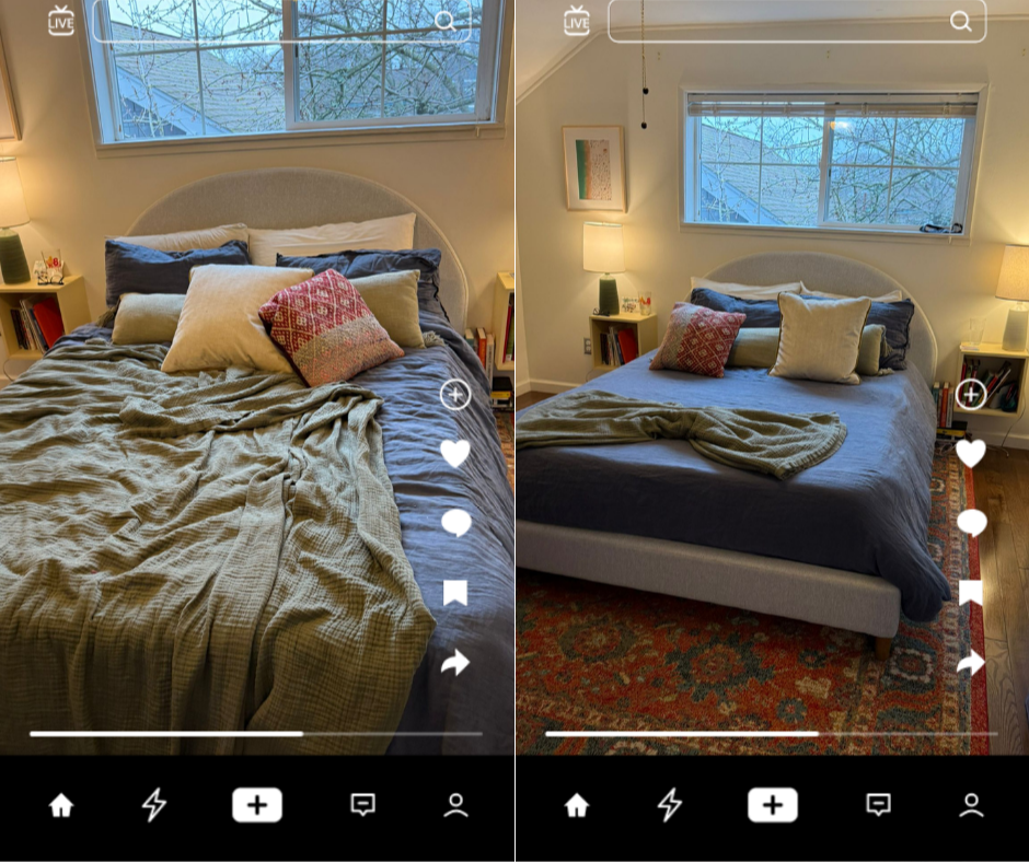 Two side-by-side photos of a neatly made bed with a beige headboard, multiple pillows, a blanket, and a window with tree branches outside, in a bedroom with soft lighting and a nightstand.