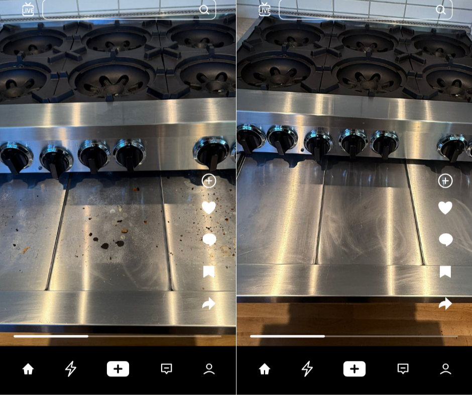 A stainless steel stove with five gas burners, with the left side showing burnt food and stains, and the right side clean and shiny.
