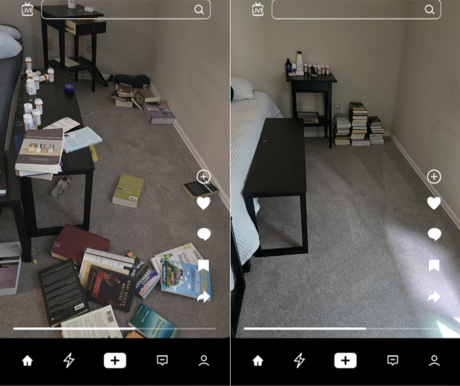 Comparison of two images of a bedroom, showing a cluttered desk and floor with books and bottles on the left, and a tidy room with a stack of books on the right.