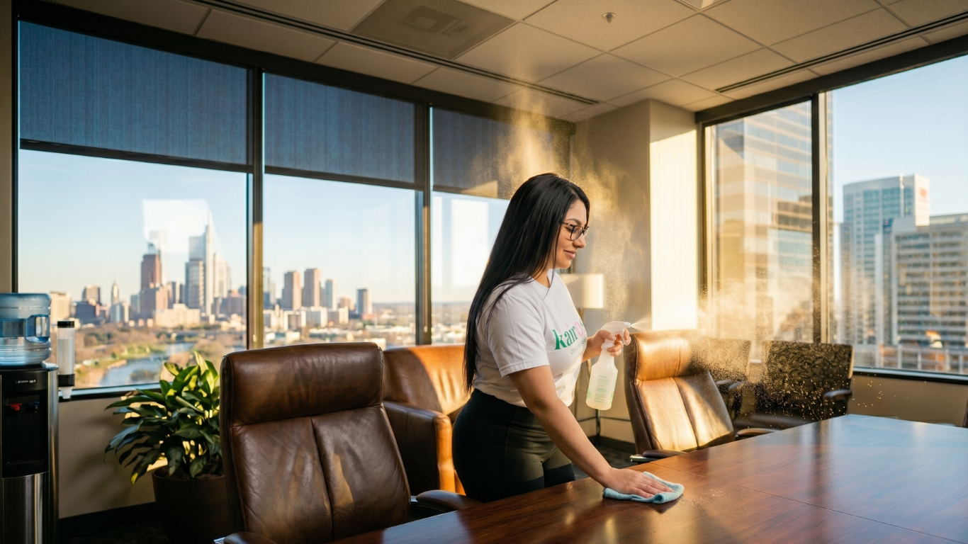 A woman in a white shirt is cleaning a large wooden conference table with a spray bottle and a cloth in an office with city skyline views through large windows.