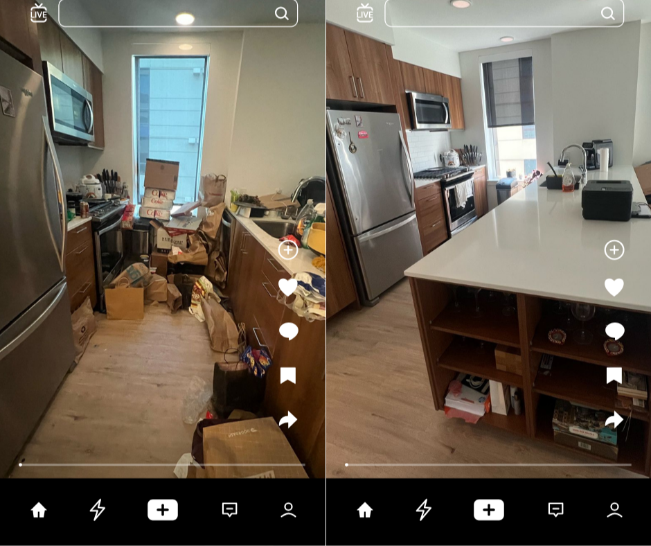 Side-by-side comparison of a kitchen before and after cleaning; the left shows a cluttered space with cluttered countertops, bags, boxes, and trash, while the right shows a tidy, organized kitchen with clean countertops and neatly arranged items.