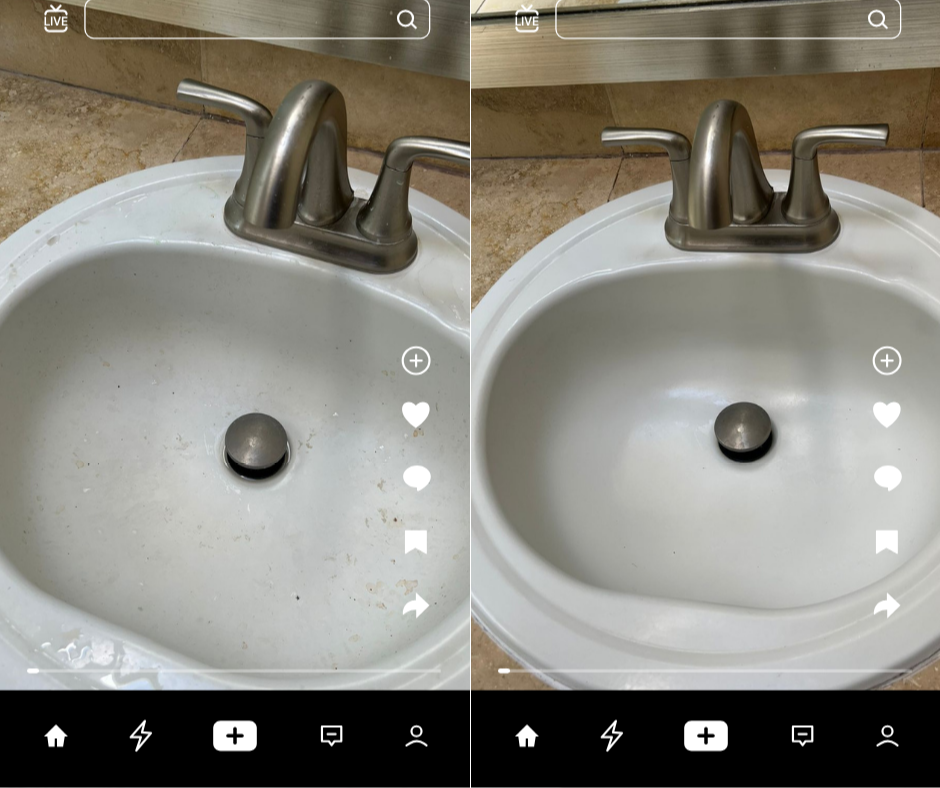 Comparison of a bathroom sink before and after cleaning, showing dirt and stains in the before image and a clean, white sink in the after image.