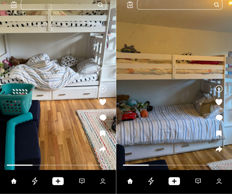 Side-by-side images of a bedroom with bunk beds. The left photo shows the beds unmade with pillows and stuffed animals, a teal basket, and a colorful rug on a hardwood floor. The right photo shows the beds made with toys on the lower bed.