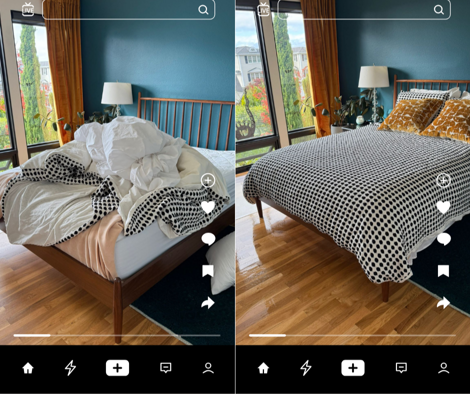 Comparison of a messy bed on the left and a neatly made bed on the right in a bedroom with blue walls, large windows, and wooden flooring.