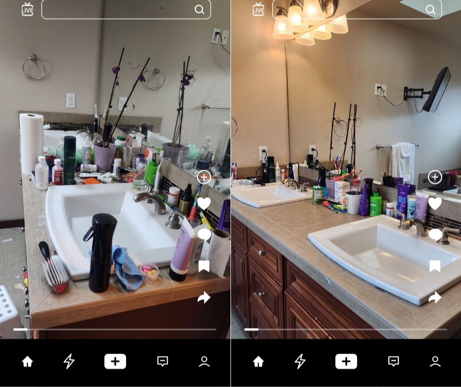 Comparison of two bathroom sinks with countertop clutter. The left image shows a sink surrounded by various toiletries, cleaning supplies, and personal care items, with a mirror and wall-mounted rings. The right image shows the same sink area after c