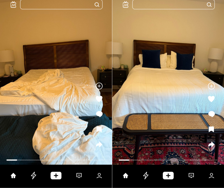 Side-by-side comparison of a bedroom before and after cleaning. The left shows an unmade bed with crumpled white sheets and a disorganized blanket, while the right shows a neatly made bed with two dark blue pillows and a clean white bedspread, with a