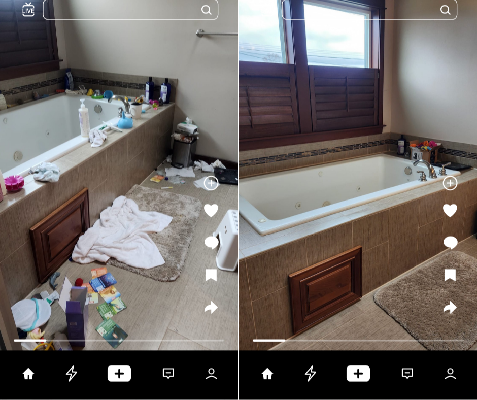 Bathroom with a bathtub, some clutter on the floor, towels, toiletries, and a window with wooden blinds.