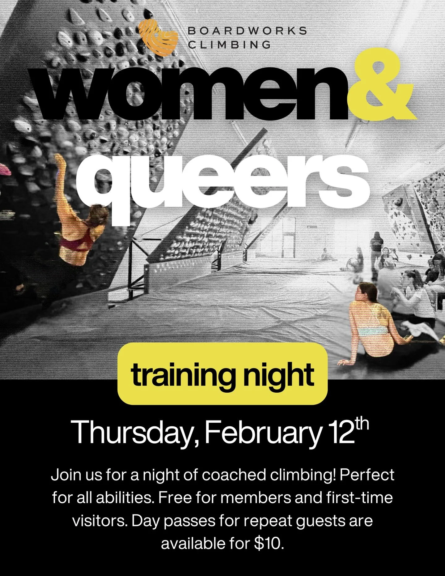 Want to work on your technique and strength? New to climbing and want to learn the basics and get training inspo? Join us for a night of coached climbing, free for members and first timers, with reduced $10 day passes available for repeat guests. All