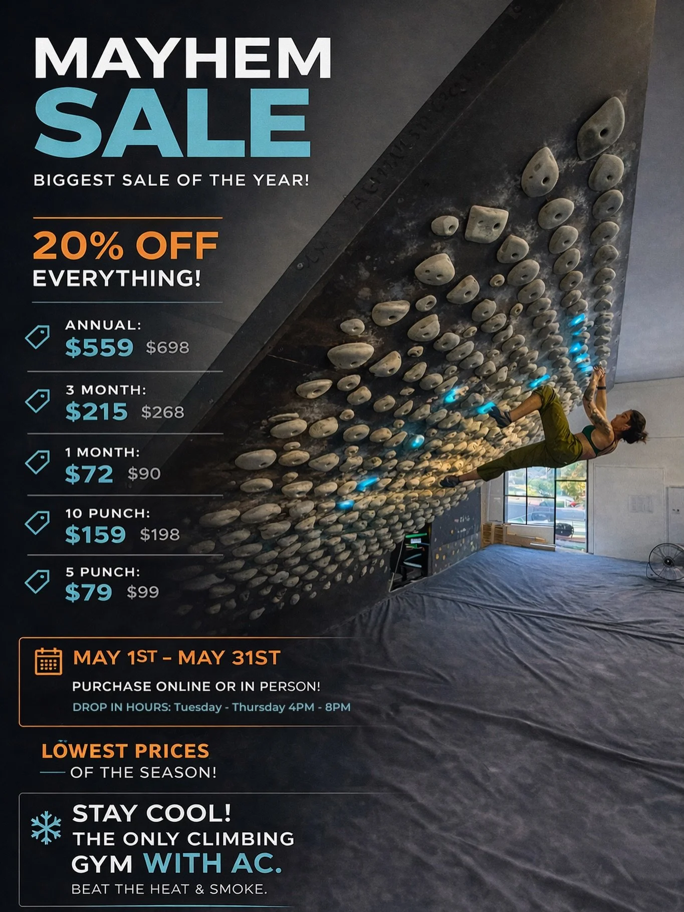 BIGGEST SALE OF THE YEAR. Starting May 1st and running through May 31st, sign up with the best deals of the year - online or in person during drop in hours.

#boardworksclimbing #centraloregonbouldering #smithrock #bendoregon #trainingforclimbing