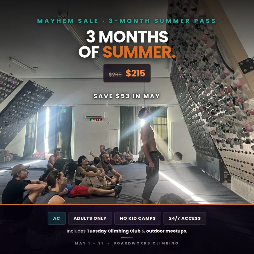 The weather is guna be hot and smoky, but your gym doesn&rsquo;t have to be.

Right now our 3-month prepaid summer membership is 20% off. But it online, come get your barcode, and get climbing.

#boardworksclimbing