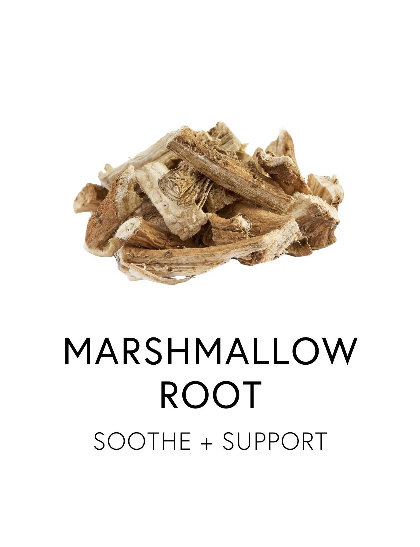  MARSHMALLOW ROOT 
  Marshmallow root soothes indigestion and protects the digestive tract with its rich, gel-like mucilage that coats and calms inflamed tissue. Native to the cool wetlands of Europe and Western Asia, it draws moisture from its envir