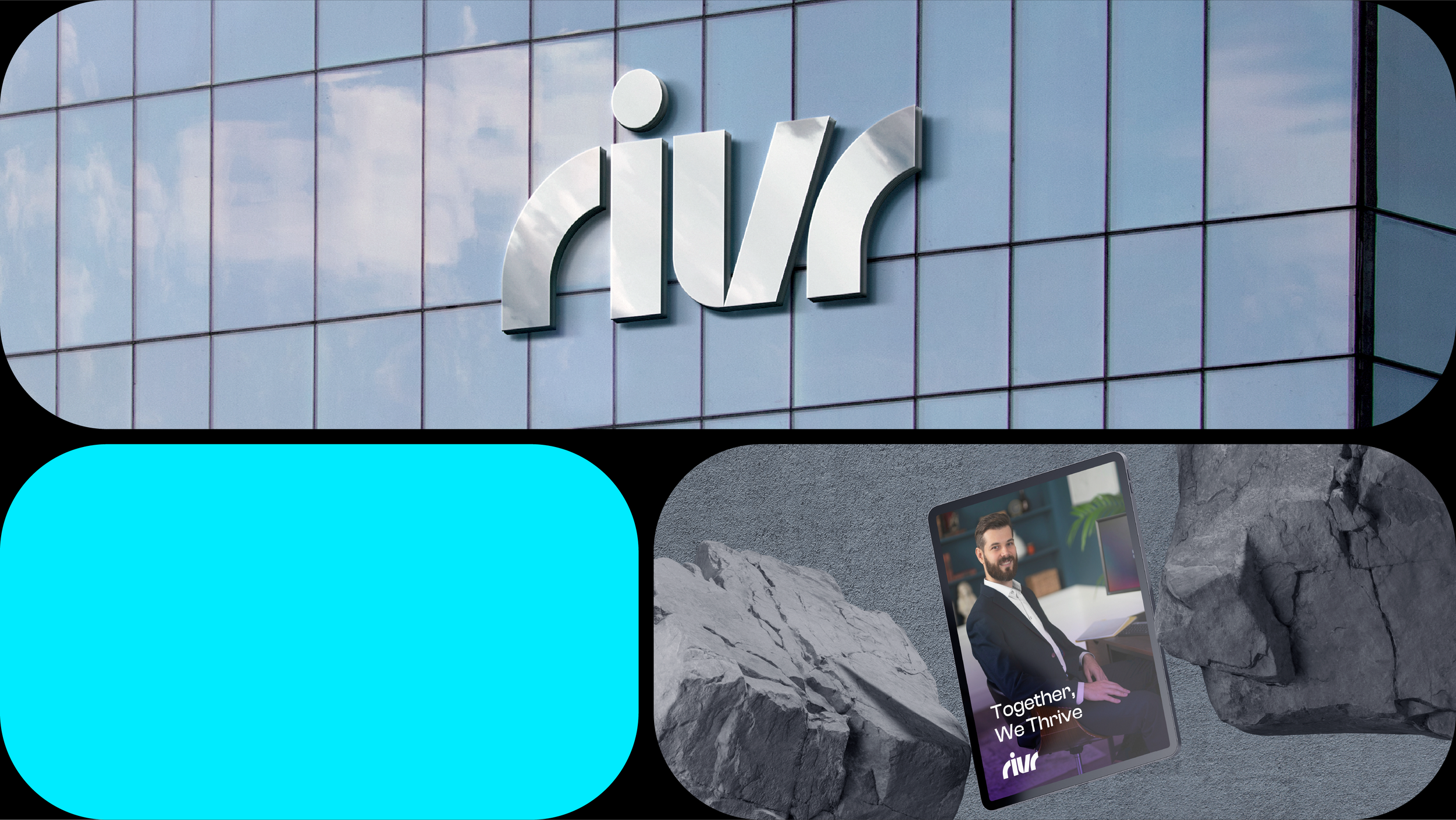 A building with reflective glass windows displaying a logo with the word 'rivr', and a tablet on rocky surface showing a man in a suit with the caption 'Together, We Thrive'.