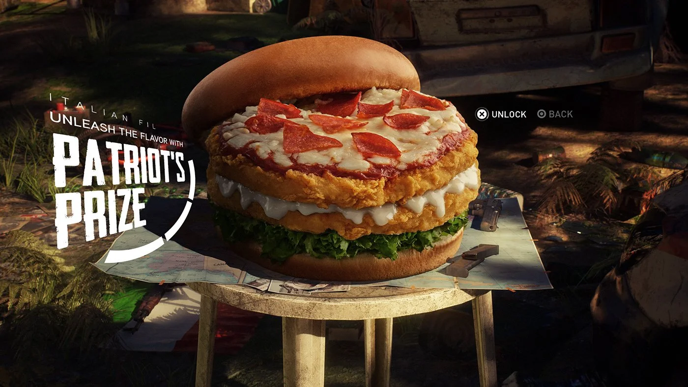 In a video game scene, a giant hamburger with fried chicken, lettuce, cheese, pepperoni, and bun is placed on a small table outdoors. The background shows a car and vegetation. There is text on the screen that says 'Italians' unleash the flavor with Patriot's Prize' and options to unlock or go back.