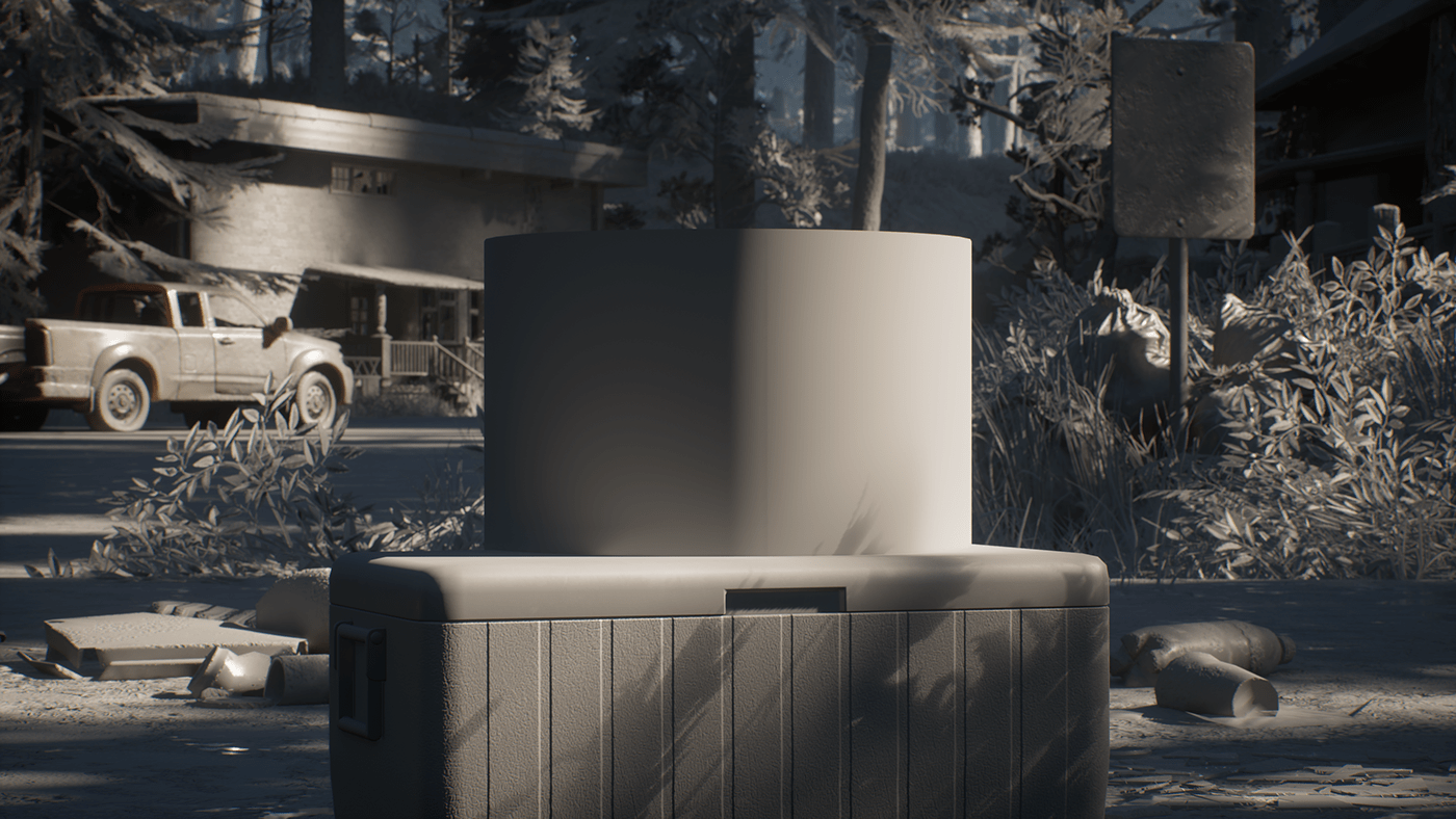 A cylindrical structure on a cooler with a cold, snowy outdoor scene in the background, including a house, a pickup truck, trees, and snow-covered plants and ground.