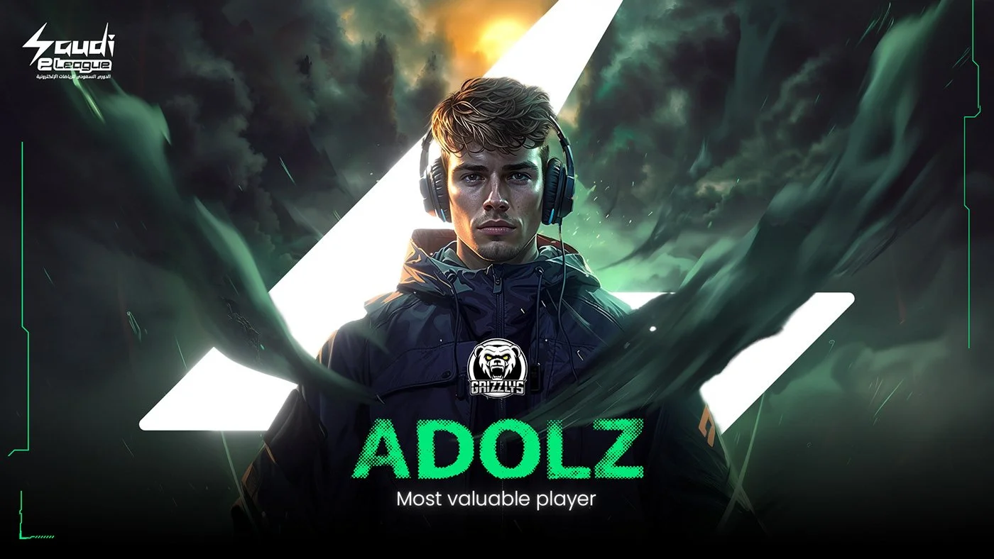 A digital graphic featuring a young man in a dark jacket wearing headphones, with stormy clouds and green lights in the background. Text overlays include 'SAUDI e-League' in the top left, a logo of a bear with the text 'GNAZZYZ' beneath, the name 'ADOLZ' in bright green, and the subtitle 'Most valuable player'.