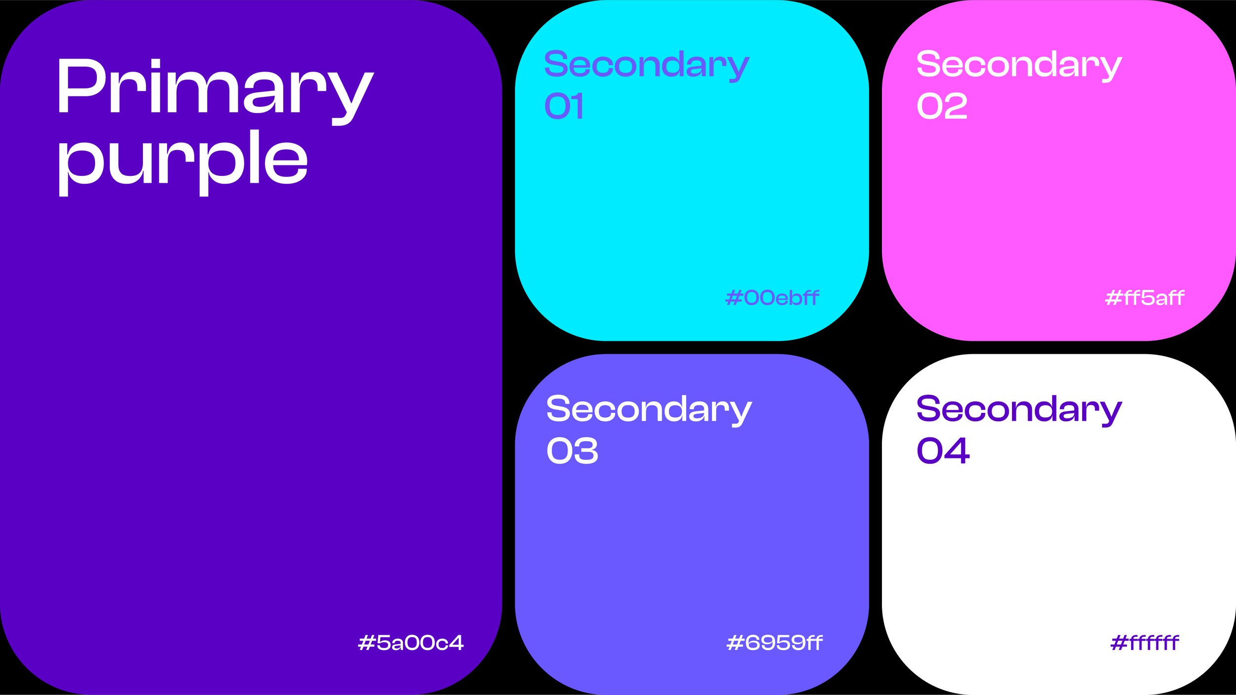 A color palette with five rounded square swatches in purple, cyan, pink, blue, and white, each labeled with secondary color number and hex code.