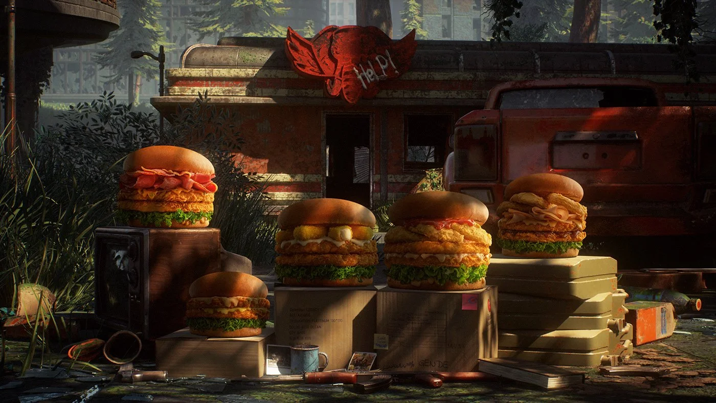 A scene from a video game depicting a nostalgic outdoor food stand with large burger objects, a rusty truck, and a sign with a fox head logo that says 'Help!'