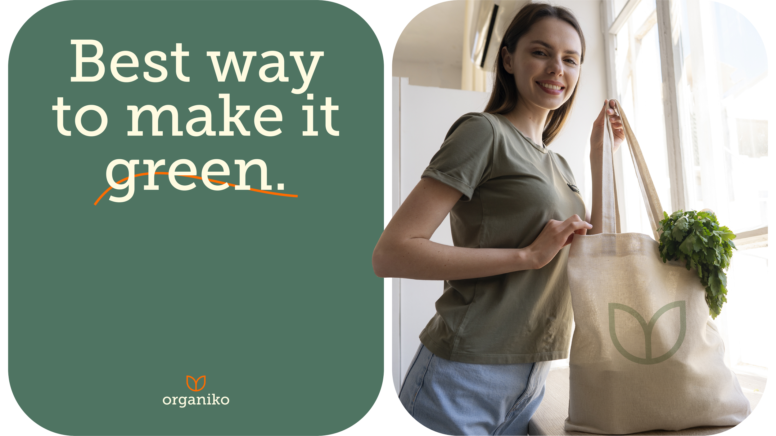 A smiling woman holds a reusable bag with a leafy green plant inside, standing by a window in a bright room, promoting eco-friendly living.