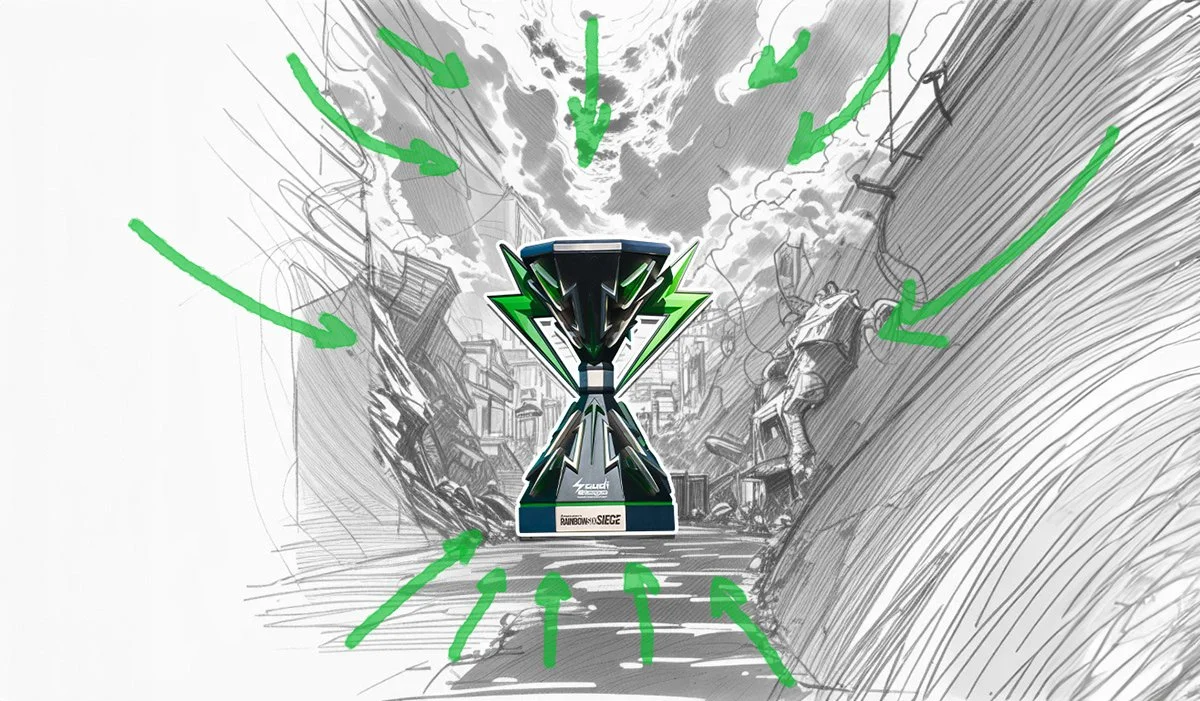 A trophy with a futuristic design in the foreground, with a sketched urban street scene and multiple green arrows pointing towards the trophy.
