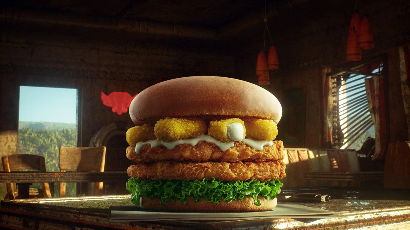 A giant burger with lettuce, fried chicken, cheese sauce, fried chicken strips, and canned corn on top, inside a rustic restaurant with wooden furniture and decorative elements.