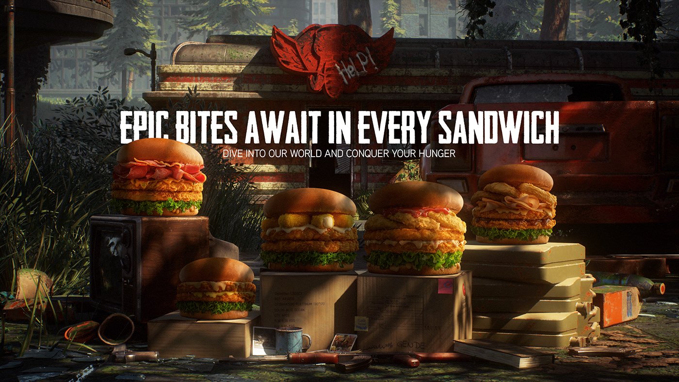 Stacked sandwiches displayed on a table outdoors, with a red fox head sign, a rusted vehicle and trees in the background.