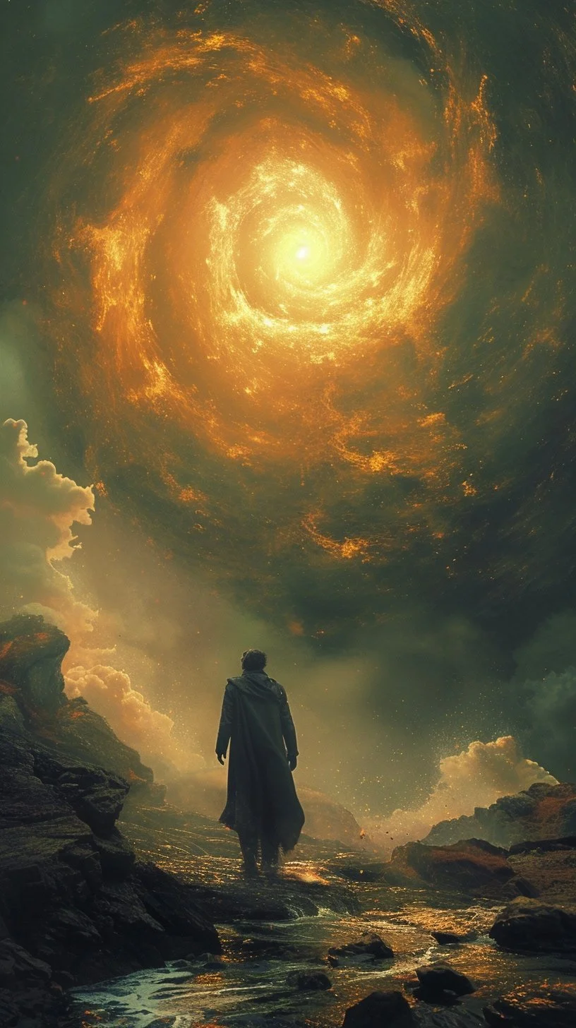 A person walking on rocks near water with a swirling fiery sky and bright glowing vortex overhead.
