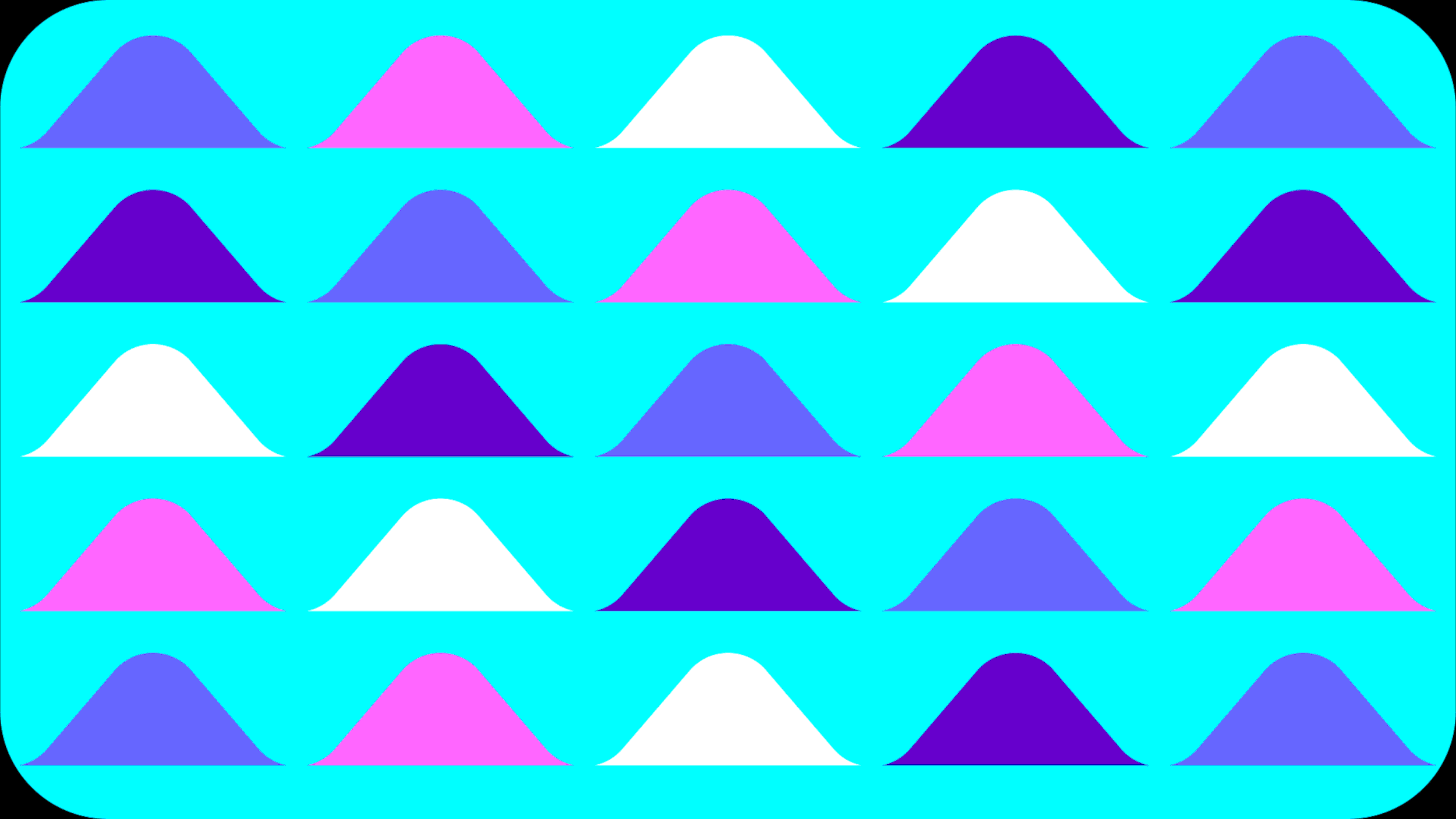 Pattern of multi-colored, semi-circular shapes arranged in horizontal rows on a cyan background
