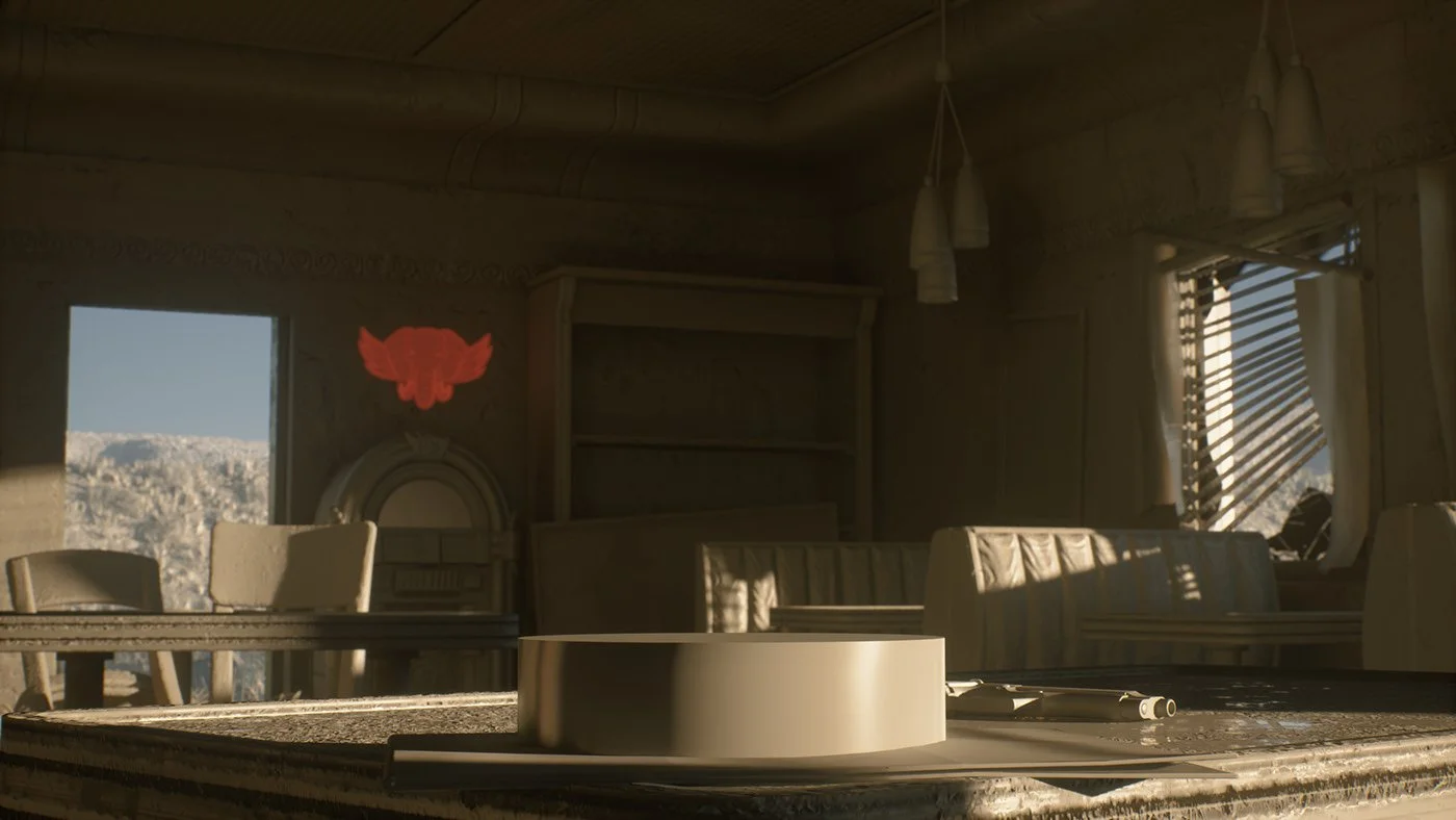 Interior of a room with a round table, an ashtray, a gun, and sunlight coming through windows with blinds.