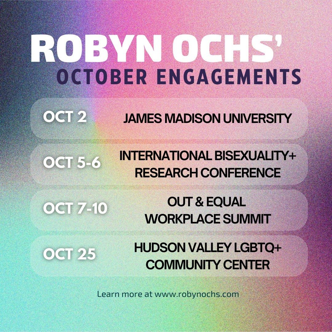 I'm on my way to Virginia to speak at JMU later today! 

Here's where you can find me this October:

2nd: James Madison University
5th - 6th: International Bisexual+ Research Conference 
7th - 10th: Out &amp; Equal Workplace Summit
25th: Hudson Valle