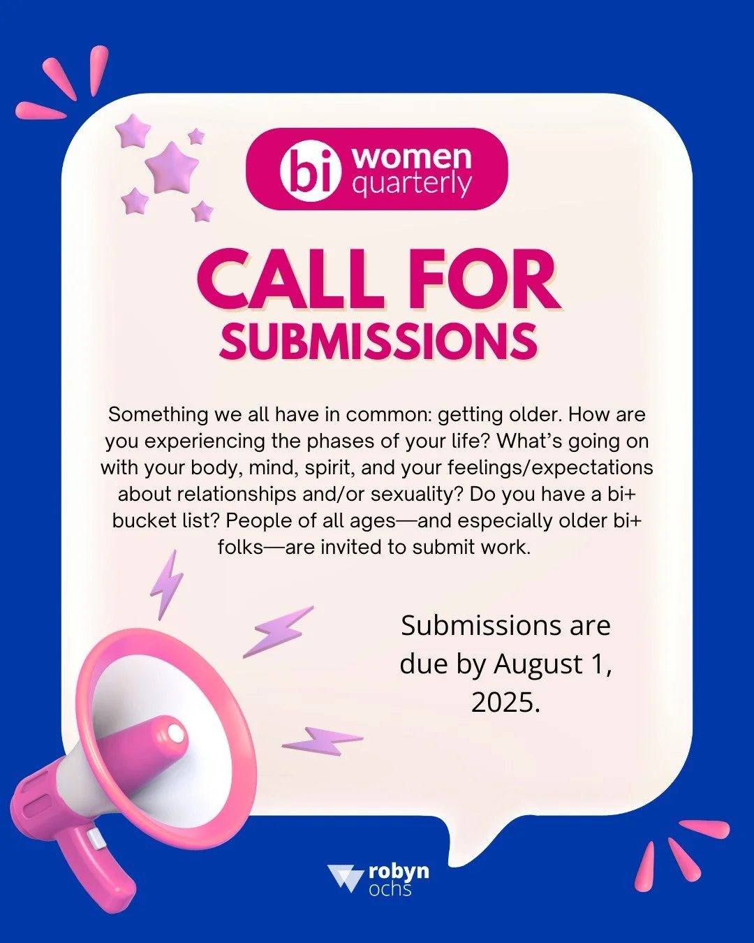 Call for Submissions! 🍂 @biwomenquarterly's Fall issue is focused on aging.

Something we all have in common: getting older. How are you experiencing the phases of your life? What&rsquo;s going on with your body, mind, spirit, and your feelings/expe