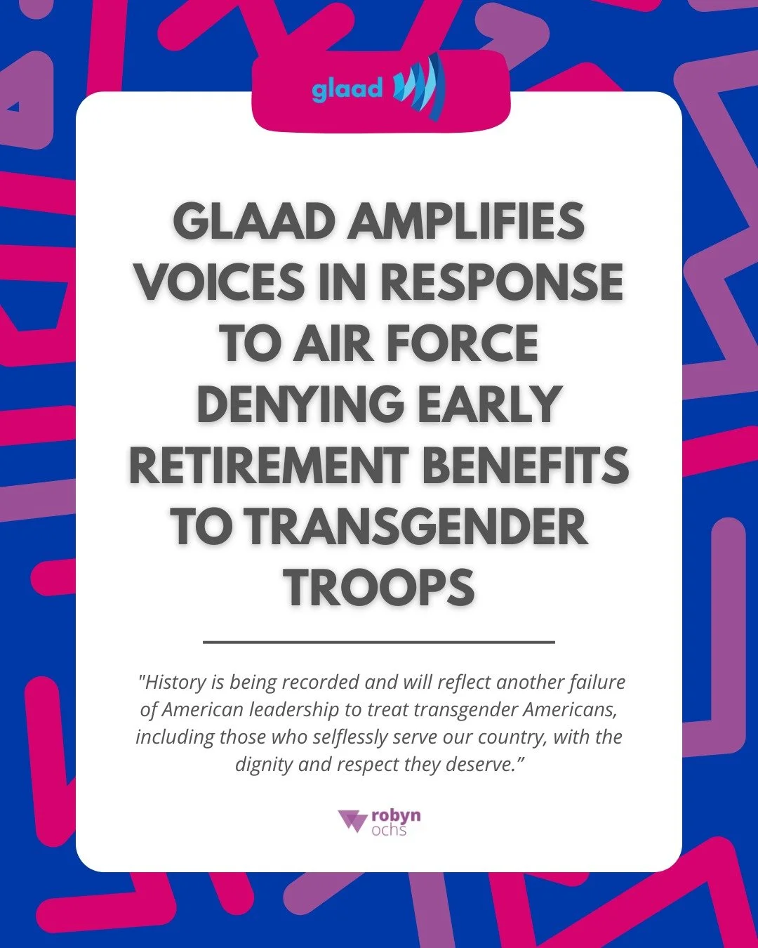 A devastating betrayal. The U.S. Air Force is reportedly denying early retirement to transgender service members with 15-18 years of military service, forcing them out with no benefits. In response to this, @glaad is amplifying the voices of the tran