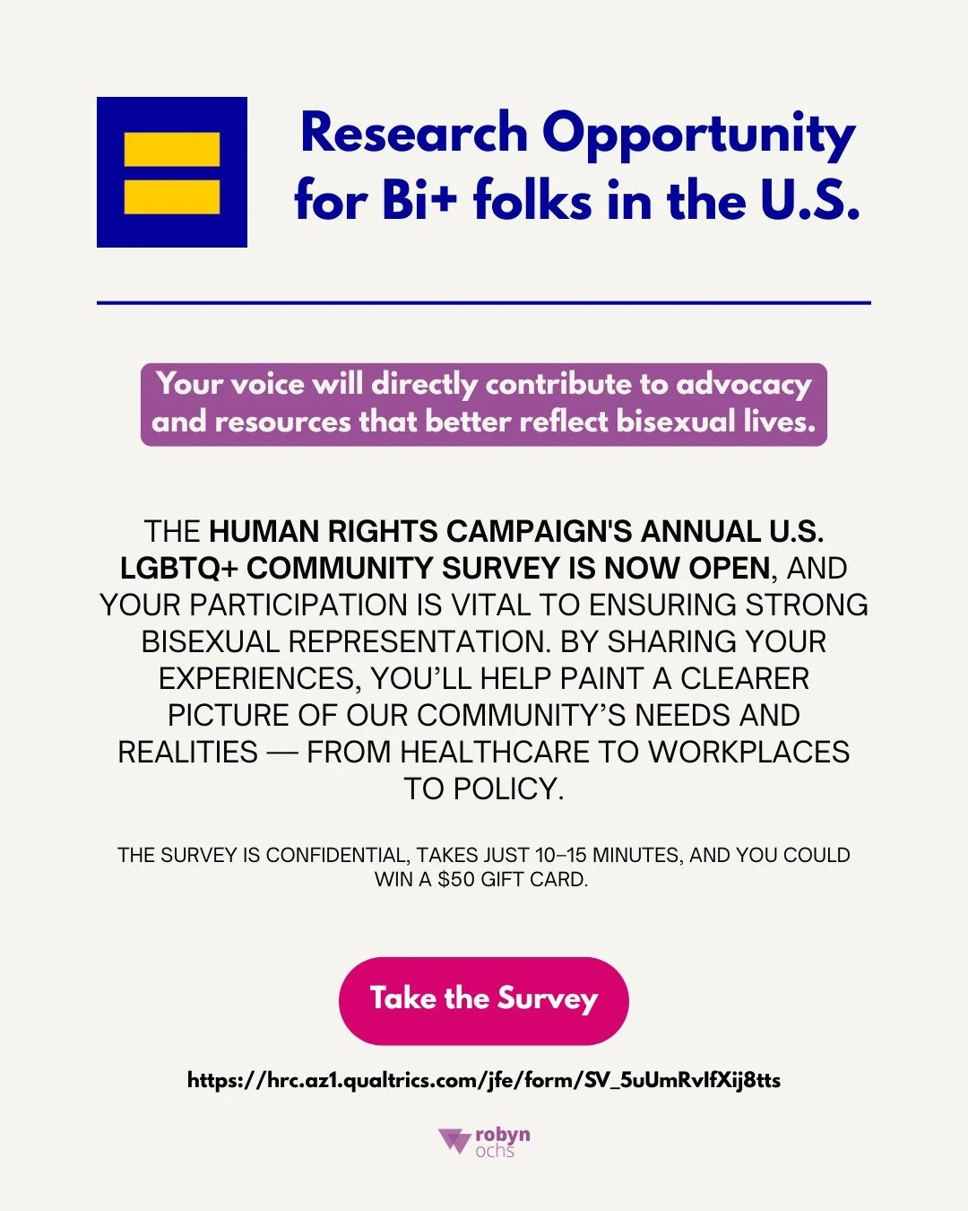 U.S. bi+ community! Let&rsquo;s make sure our voices are counted! 💜

@humanrightscampaign&rsquo;s Annual LGBTQ+ Community Survey is open, and your participation helps ensure bisexual+ experiences are visible in research and advocacy.

It&rsquo;s con