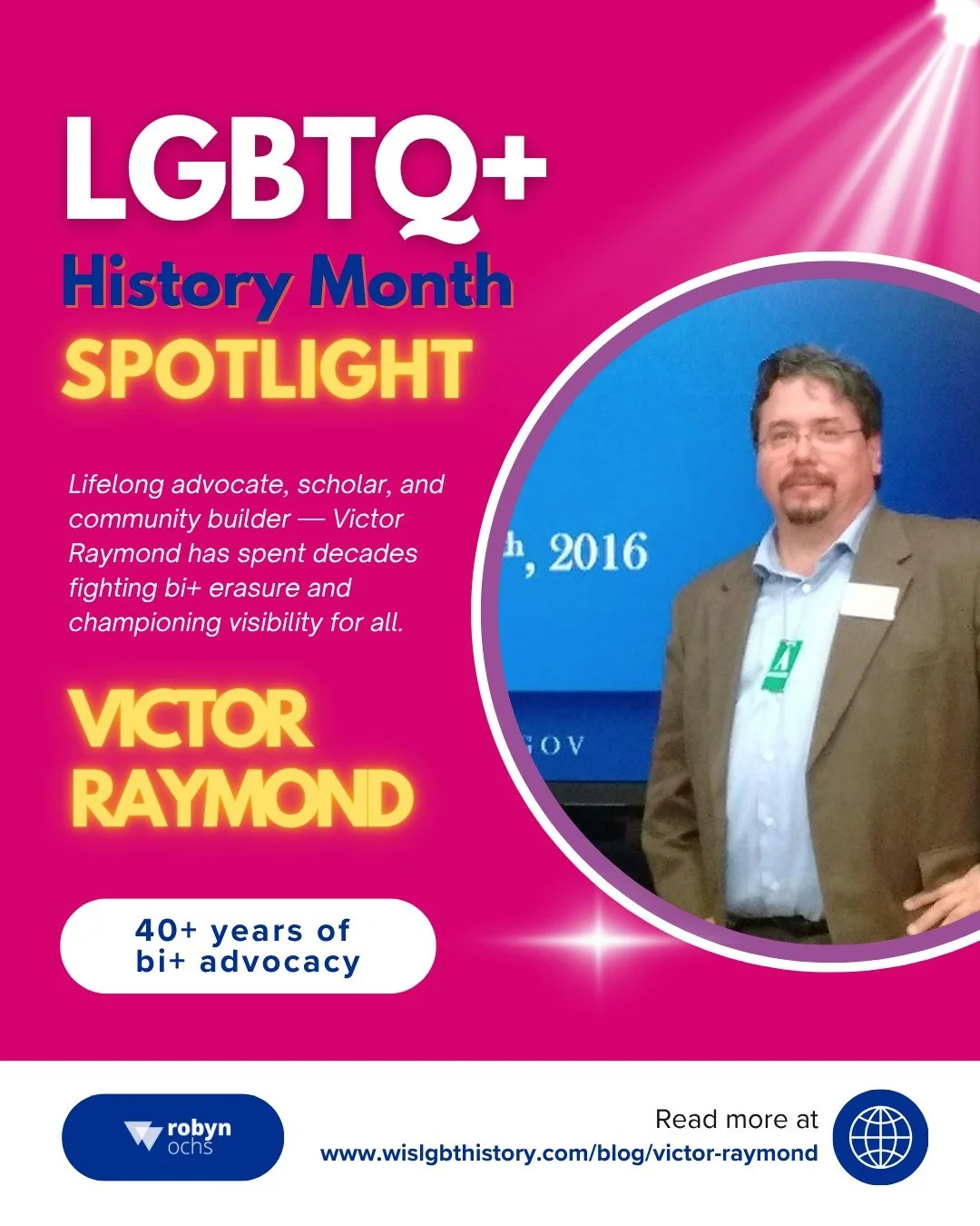 My first LGBTQ+ History Month Monday Spotlight honors Victor Raymond, a lifelong advocate who has been doing bi+ and LGBTQ+ activism for decades. 🌈

&ldquo;Being bisexual in society is difficult, because both the heterosexual and homosexual communit