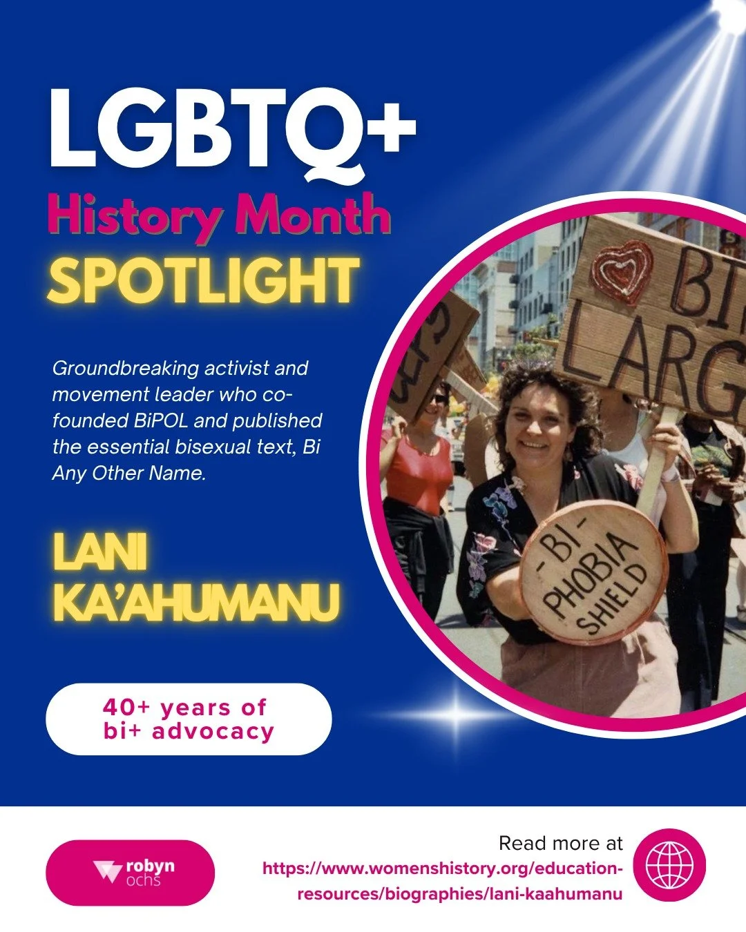 For my second LGBTQ+ History Month spotlight, I&rsquo;m highlighting Lani Ka&rsquo;ahumanu, a decades-long advocate for bisexual visibility and rights. 

From co-founding BiPOL and the San Francisco Bay Area Bisexual Network to editing the landmark a