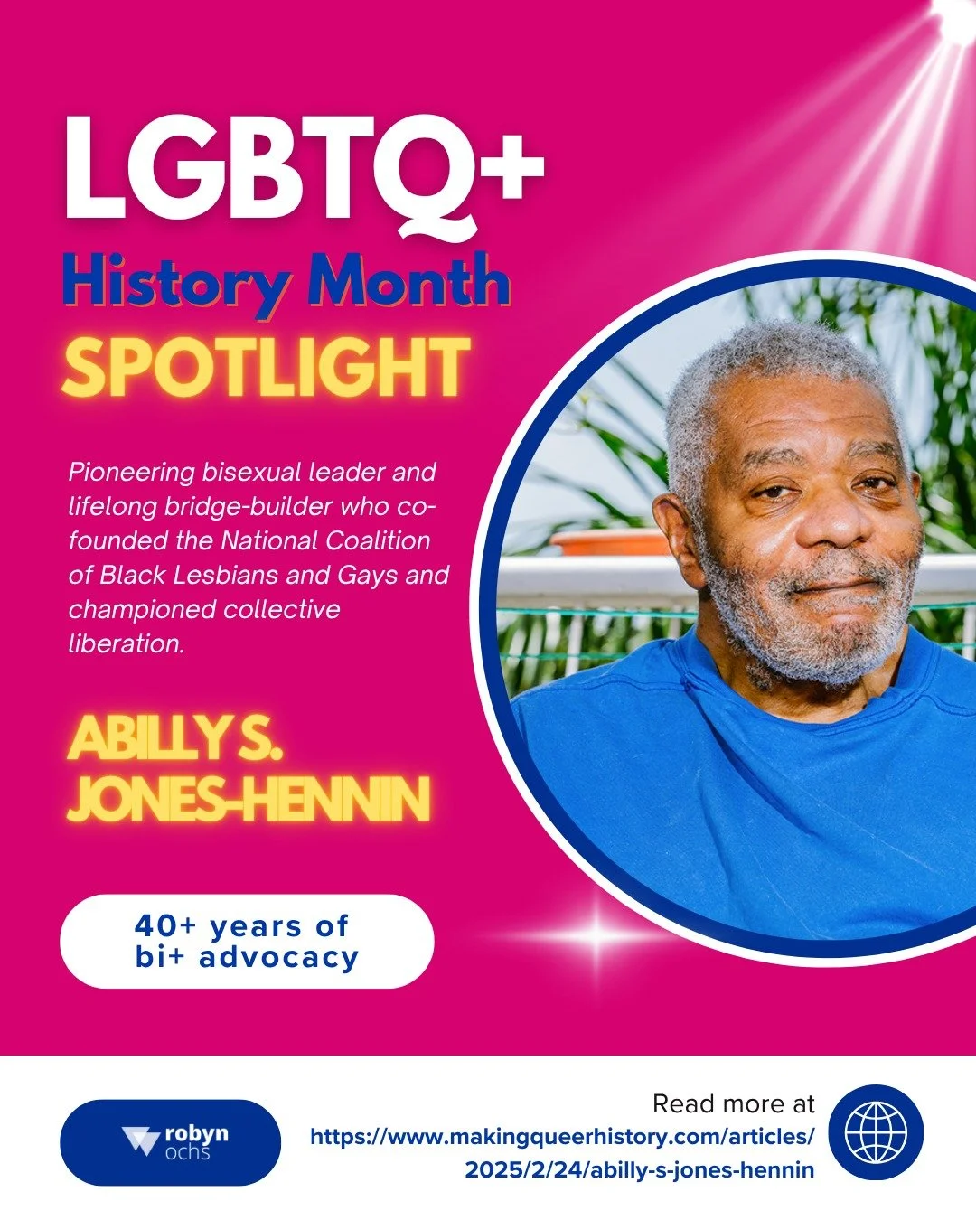 My third LGBTQ+ History Month Monday Spotlight honors ABilly S. Jones-Hennin, a visionary, organizer, and lifelong activist whose work transformed the landscape of bi+ and LGBTQ+ advocacy. 🌈
Co-founding the National Coalition of Black Lesbians and