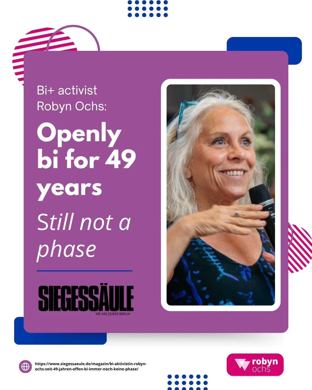 Openly bi for 49 years... and still not a phase! Excited to share my interview with Germany's SIEGESSÄULE!
We discussed the enduring relevance of my bisexual definition, how we created lasting bi+ spaces back in the 80s (like the Bisexual Resou